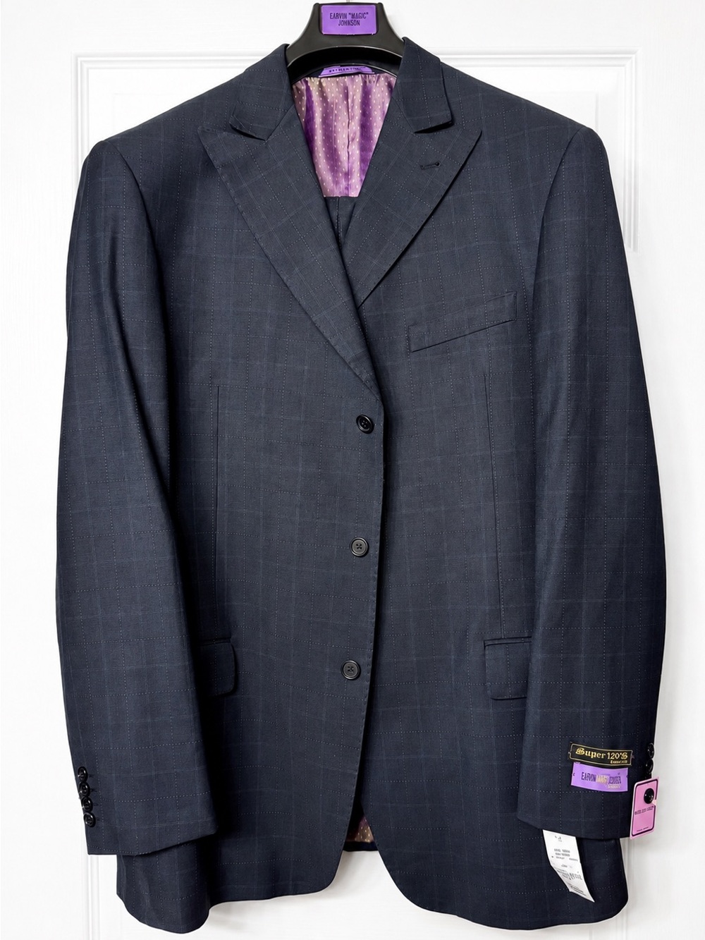 NWT Magic Johnson Super 120s Navy Windowpane 42L Business Suit
